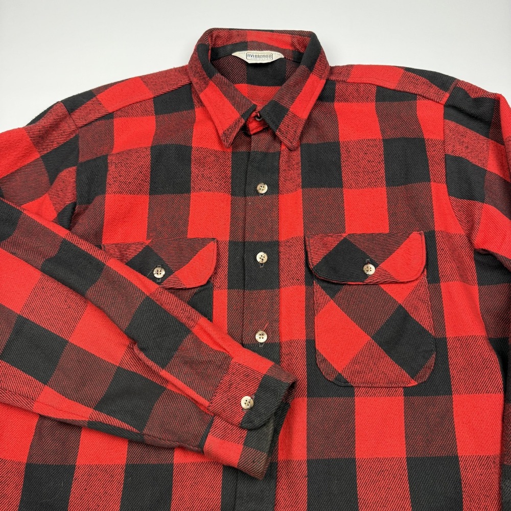 Vintage FIVEBROTHER Shirt Mens L Red Buffalo Plaid Flannel Made USA Long Sleeve